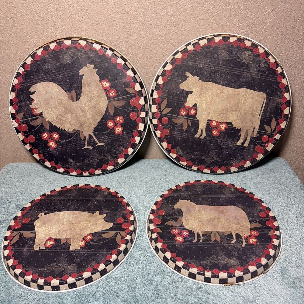 4 Vintage Metal Stove Burner Covers 80-90’s Colorful farm animals Cottagecore
